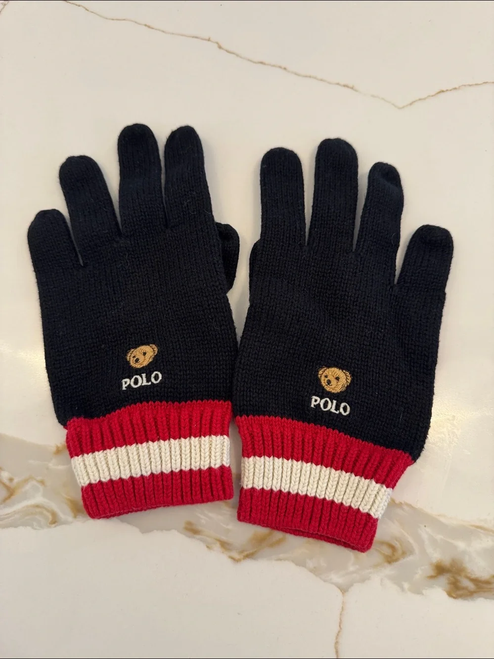 Polo by Ralph Lauren Black Knit Kids Gloves with Polo Bear and Stripe Cuff